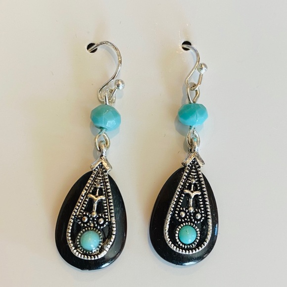 Boho Silver and Turquoise Drop Earrings - Picture 3 of 4